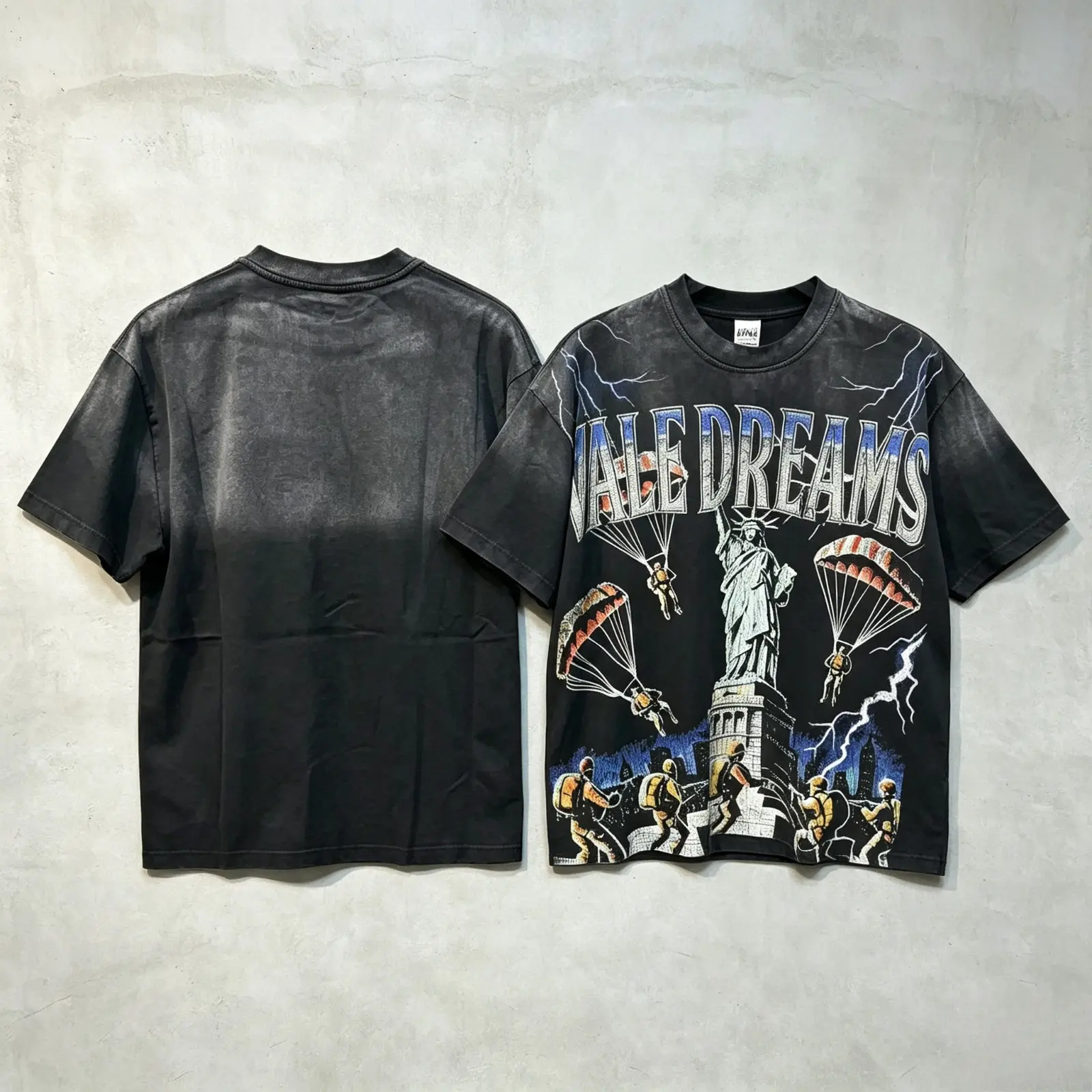 VALLEY DREAMS 100% Cotton Aesthetic Lightning Statue Graphic Festival Short-Sleeve Vintage Washed Crew Neck Loose Oversized Tee, Hip Hop High Street Casual Streetwear for Men Women Unisex, Back To School Outfit
