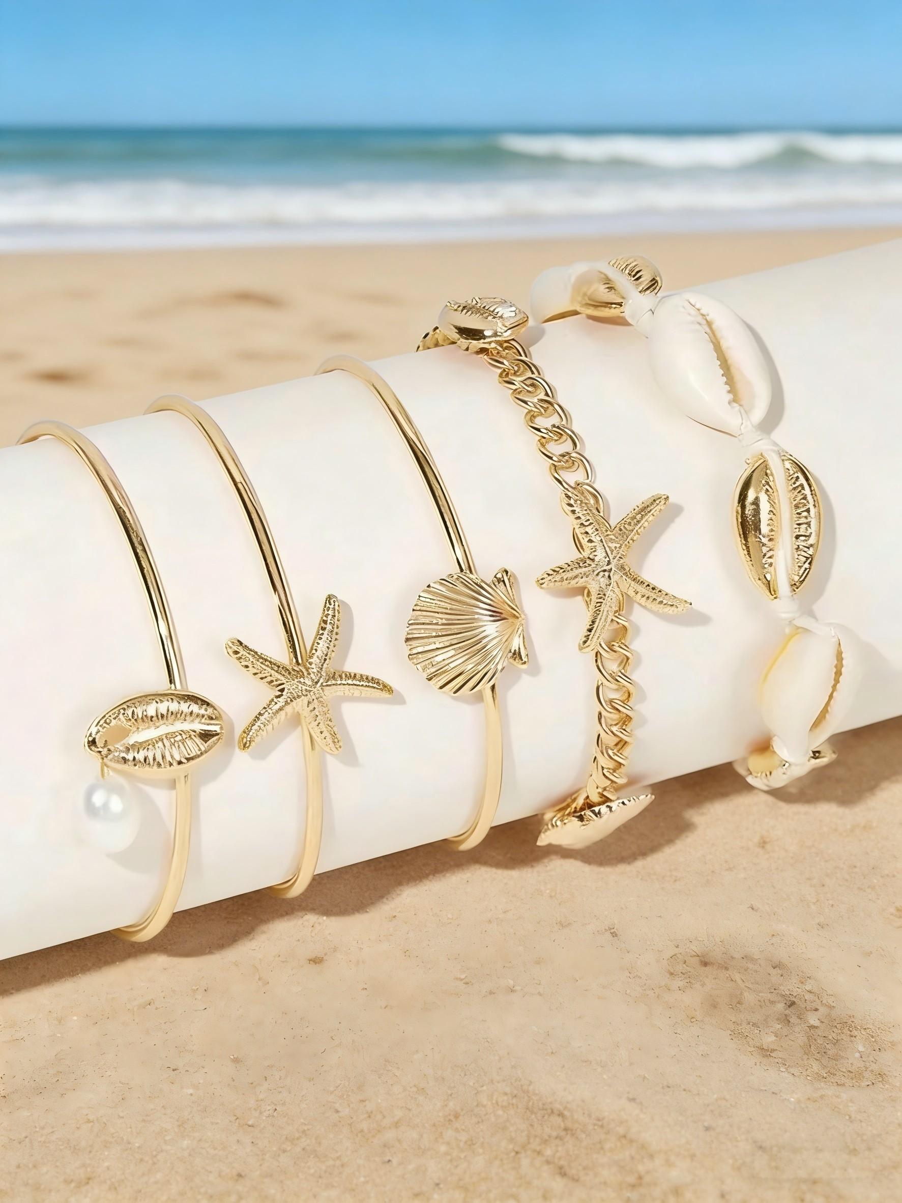 5pcs in 1 Set Beach Element Accessory Set, Featuring Shells and Starfish, Durable Stylish Layered Design, Perfect for Everyday Wear, Trendy Jewelry Set, Elegant Jewelry Set, Fashion Jewelry Set