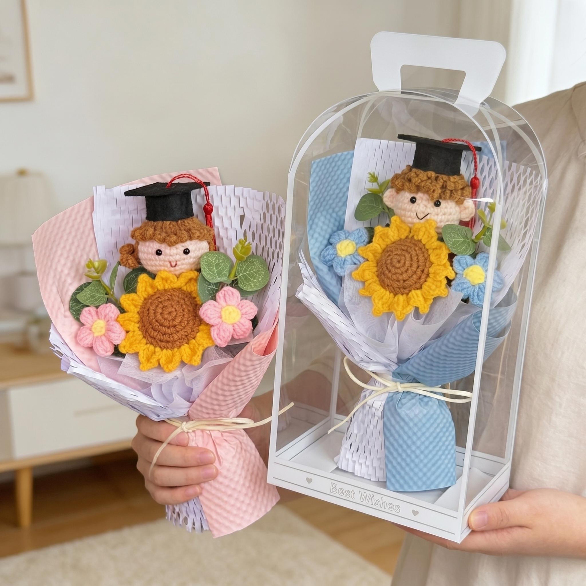 2026 Graduation Crochet Flower Bouquet Knitted Grad Doll,Handmade Crochet Flower Bouquet with Sunflower & Daisy, Soft Knitted Floral Arrangement for Girl, Women & Graduation Gifts