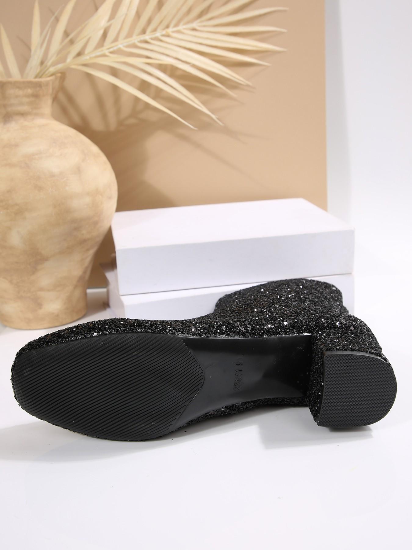 2026 New Sequined Chunky Heel Short Boots, Fashion Boots with Full Sequins, Zipper Design for Easy Wear, Perfect for Parties and Dates