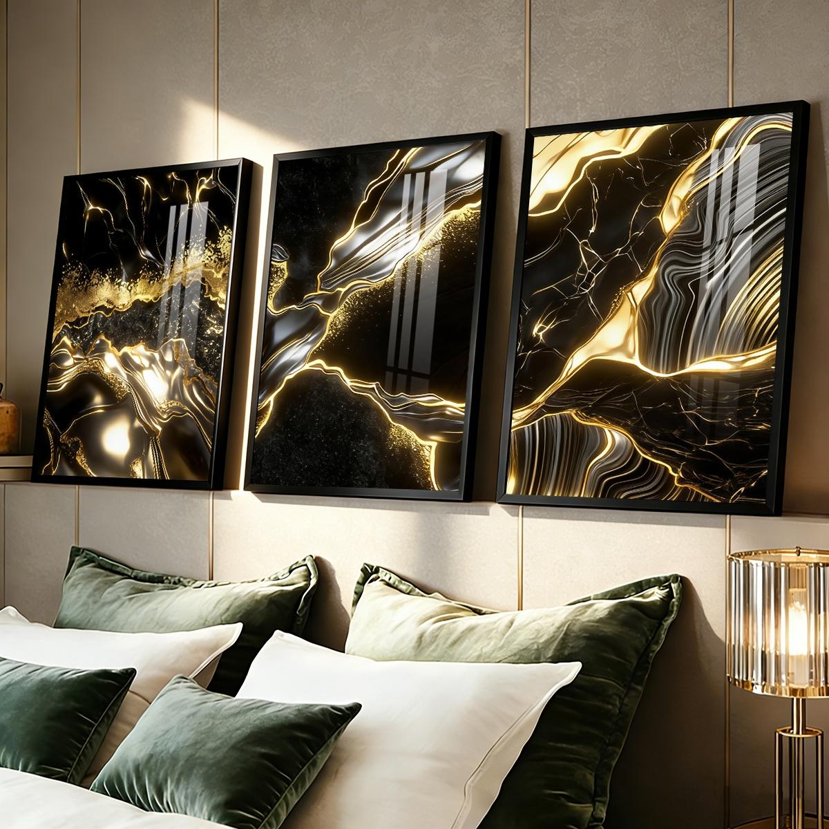 3 Counts Aluminum Alloy Framed Painting, Abstract Black And Gold Fluid Art Pictures, Home Decoration For Living Room, Bedroom, Office, Restaurant, Hallway Wall Decor, Odorless Print Artwork, Luxury Perfect Gift For Friends And Family