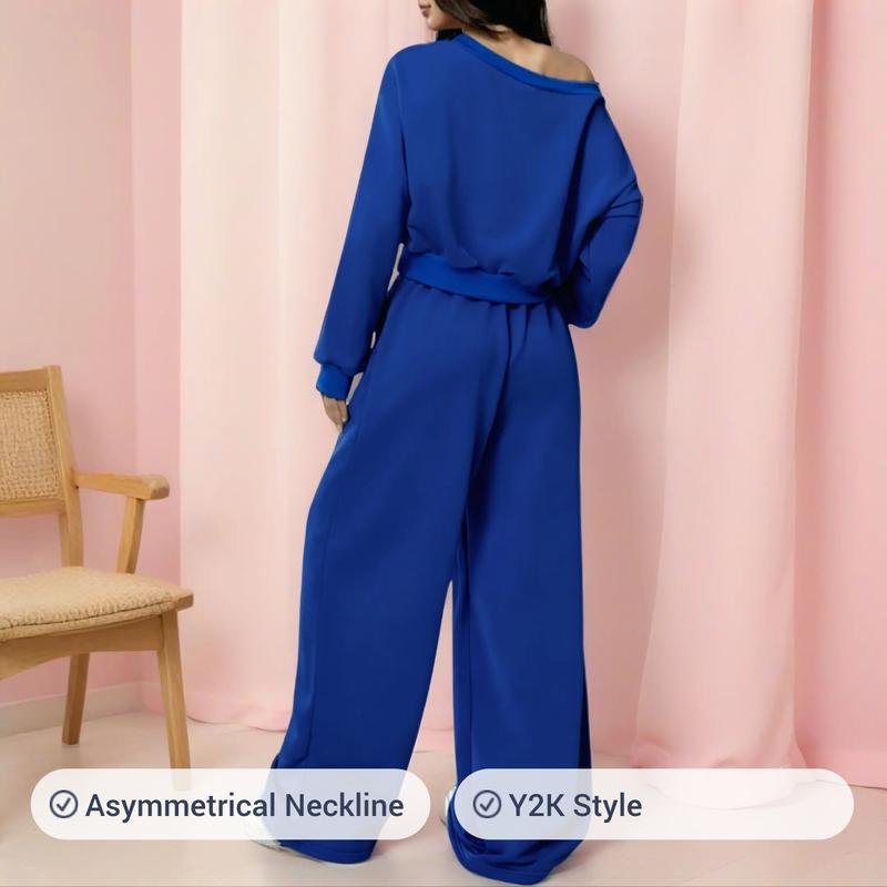 Personalized Asymmetrical Shoulder Casual Set, Pure Color Short Top Two-Piece Set, Travel Party Dance Leisure