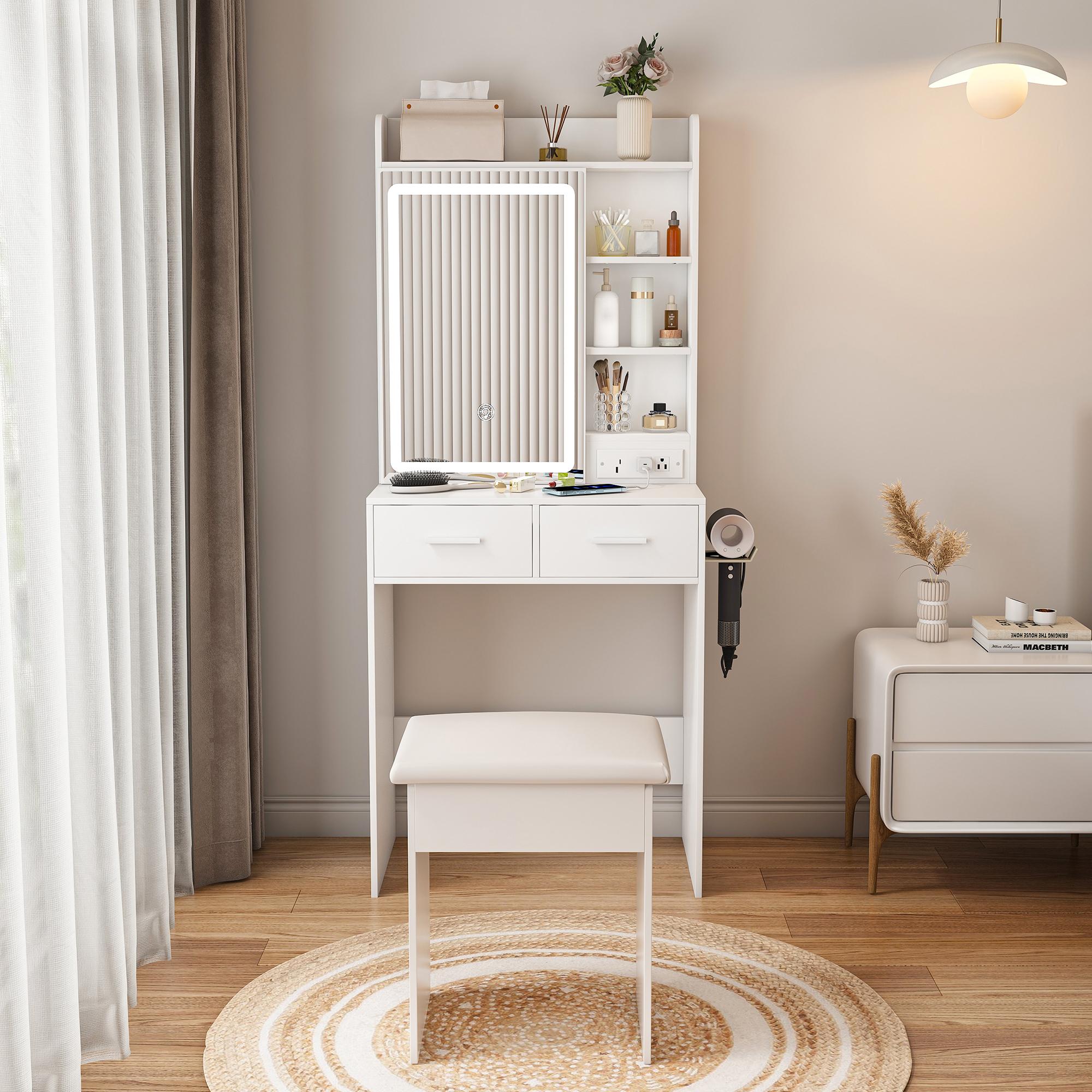 Small Vanity Desk with Mirror and Lights, Makeup Vanity Table with Power Outlet & 2 Drawers & 6 Shelves & Stool,Dressing Table Set for Bedroom, Brightness Adjustable, White