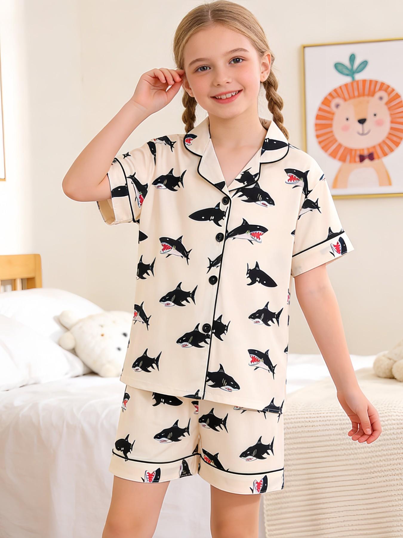 Kids Pajama Set, Cute Cartoon Shark Print, Short Sleeve Loose Fit, Fire-Resistant Knit Fabric, Spring Summer All Seasons