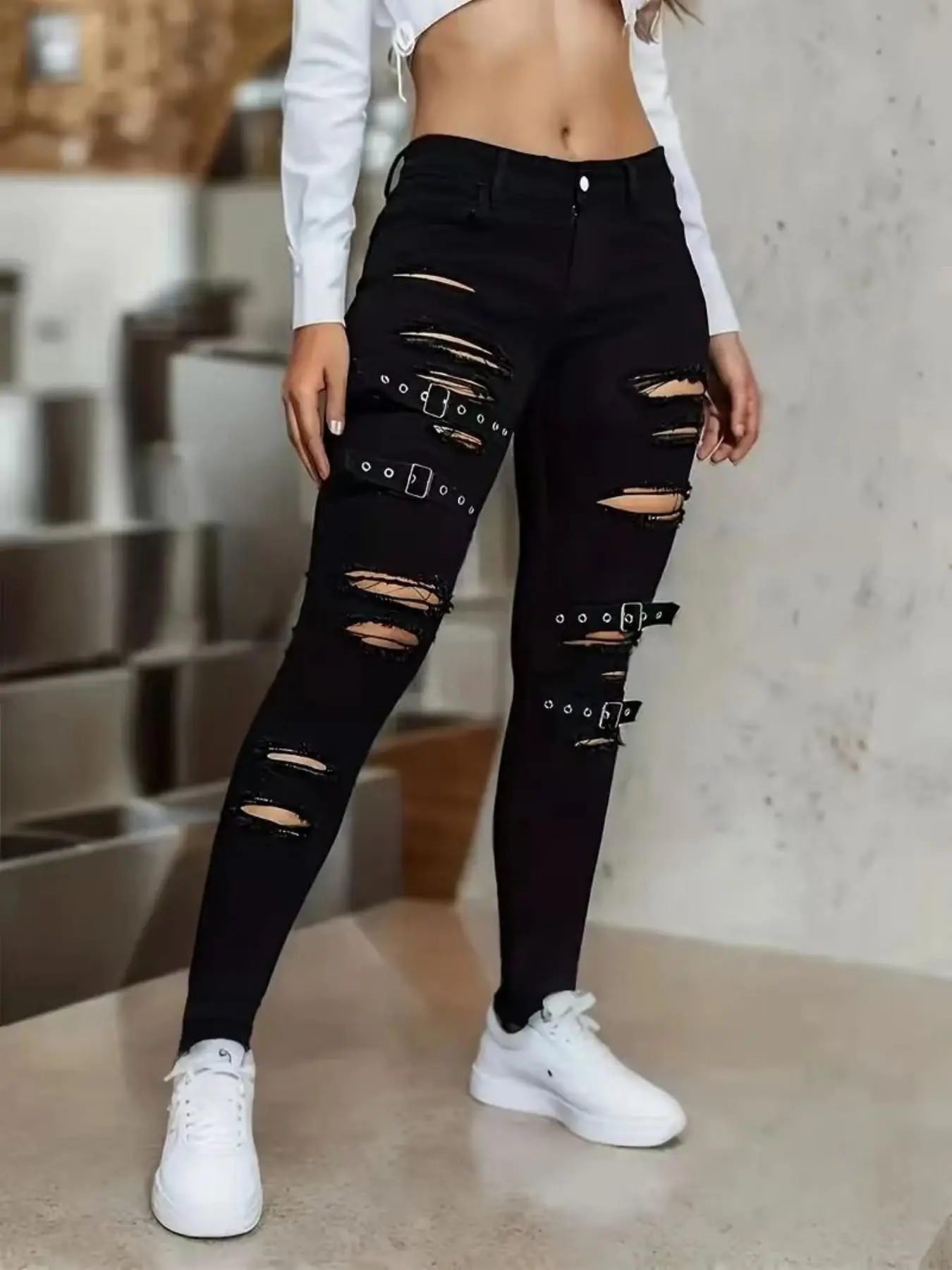 Women's Classic Stretch Slim Fit Jeans, Ripped Hole Design, Belt Loop, Trendy Street Style, Perfect for Vacation, Shopping, Parties