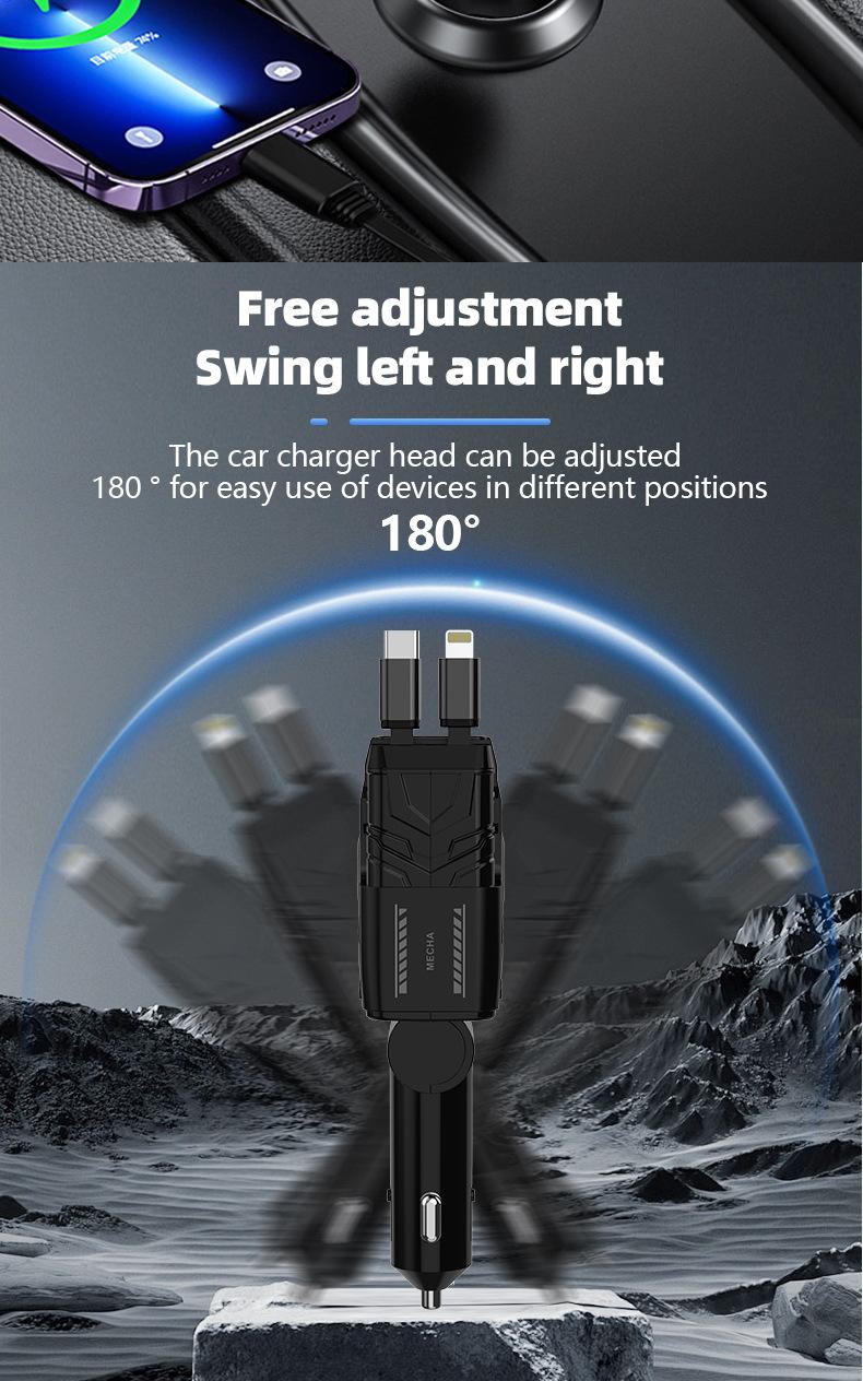 Joytutus 120W Retractable Car Charger 4-in-1 Fast Charging for iPhone Samsung iPad with 2 USB C Cables Type-C Output 5V/3A USB-A 5V/2.4A 12V-24V Devices