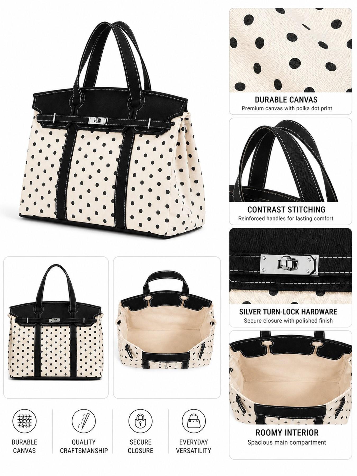 Canvas Polka Dot High-End Colorblock New Fashion Handbag, Casual Trendy Bag, Large-Capacity Commuter Tote Purse Bag, Versatile Fashion Accessory for Daily Use
