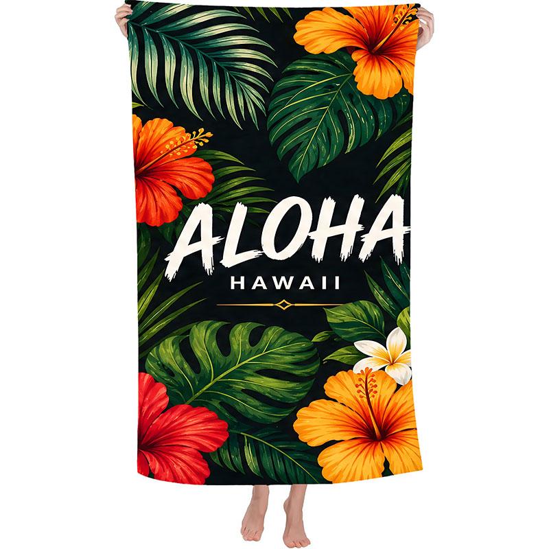 1 PC 30*60 Inch/35*72 Inch Quick Dry Polyester Digital Printed Beach Towels, Aloha Hawaii Green Palm Leaves Tropical Hawaiian Hibiscus Floral Beach Pool Towel for Adults Women Men Beach Essentials Accessories Vacation Gift, Machine Wash