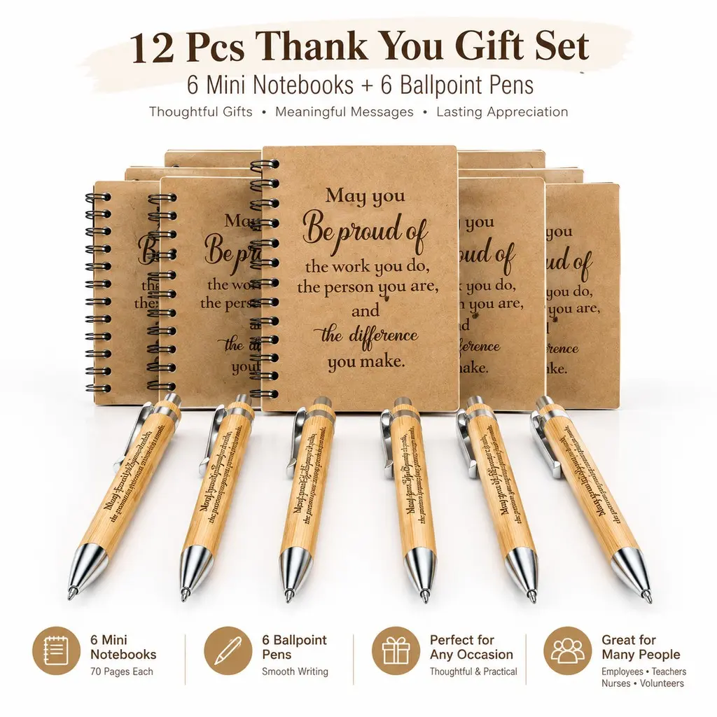 Thank You Gift Set, School Gifts, 12pcs/set Including 6 Counts Mini Notebook & 6 Counts Ballpoint Pen, Office Stationery & Supplies for Home School Office