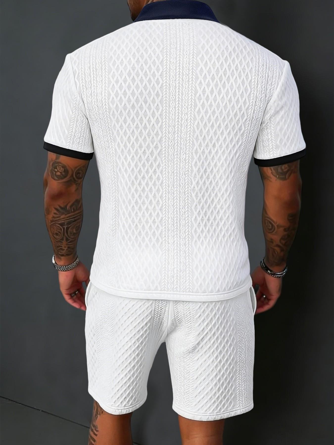 Men's Fashion Patchwork Collar Buttonless Short Sleeve Polo Shirt + Textured Drawstring Shorts, Breathable Fabric, Casual Business Wear