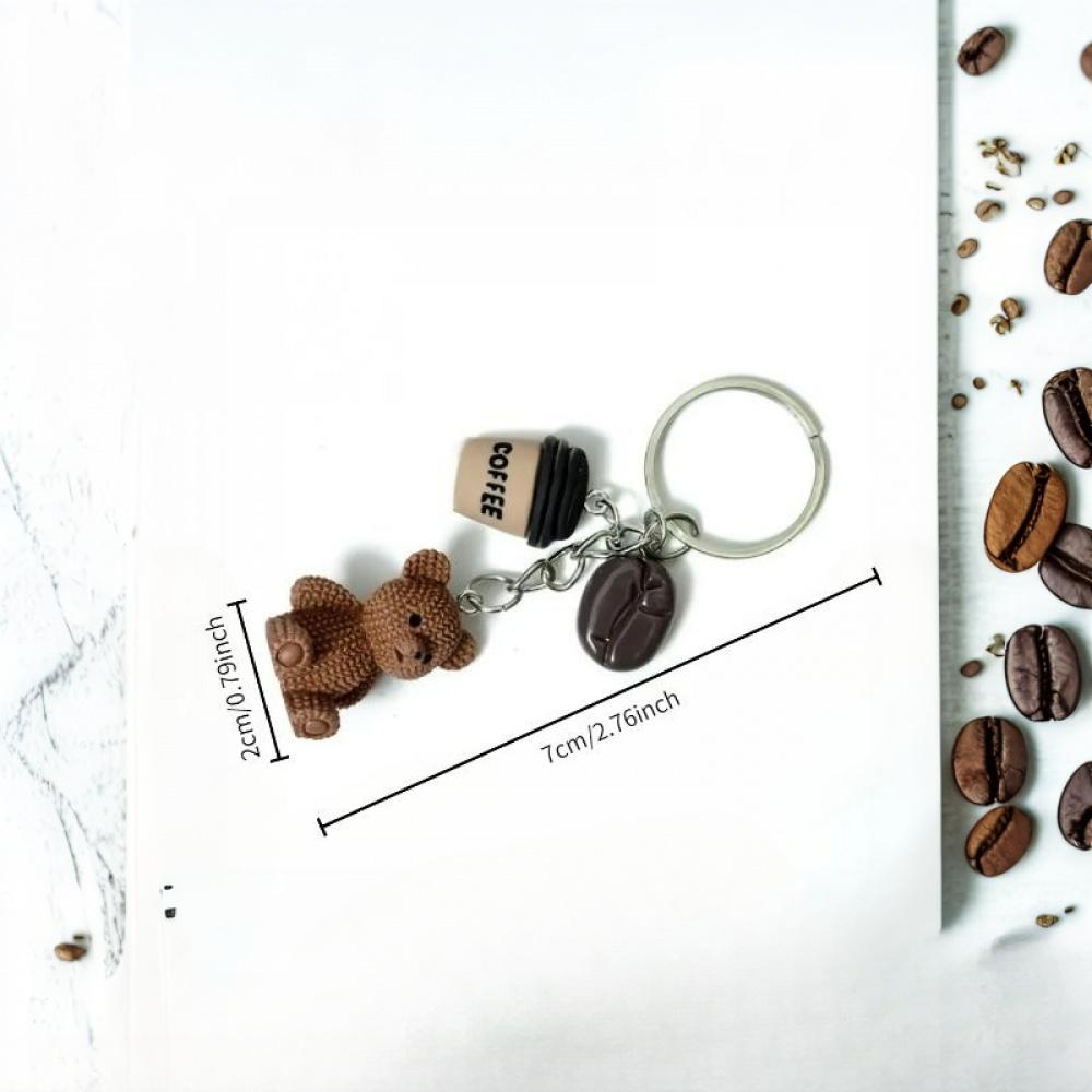 1 Cute Teddy Bear Coffee Charm Keychain - Brown (Coffee Bean Colored), with Metal Ring Closure - Birthday and Coffee Lover Gift, Party Small Gift, Bag and Notebook Decoration - Ladies' Fashion Accessory, Fun Design, Durable Metal Ring