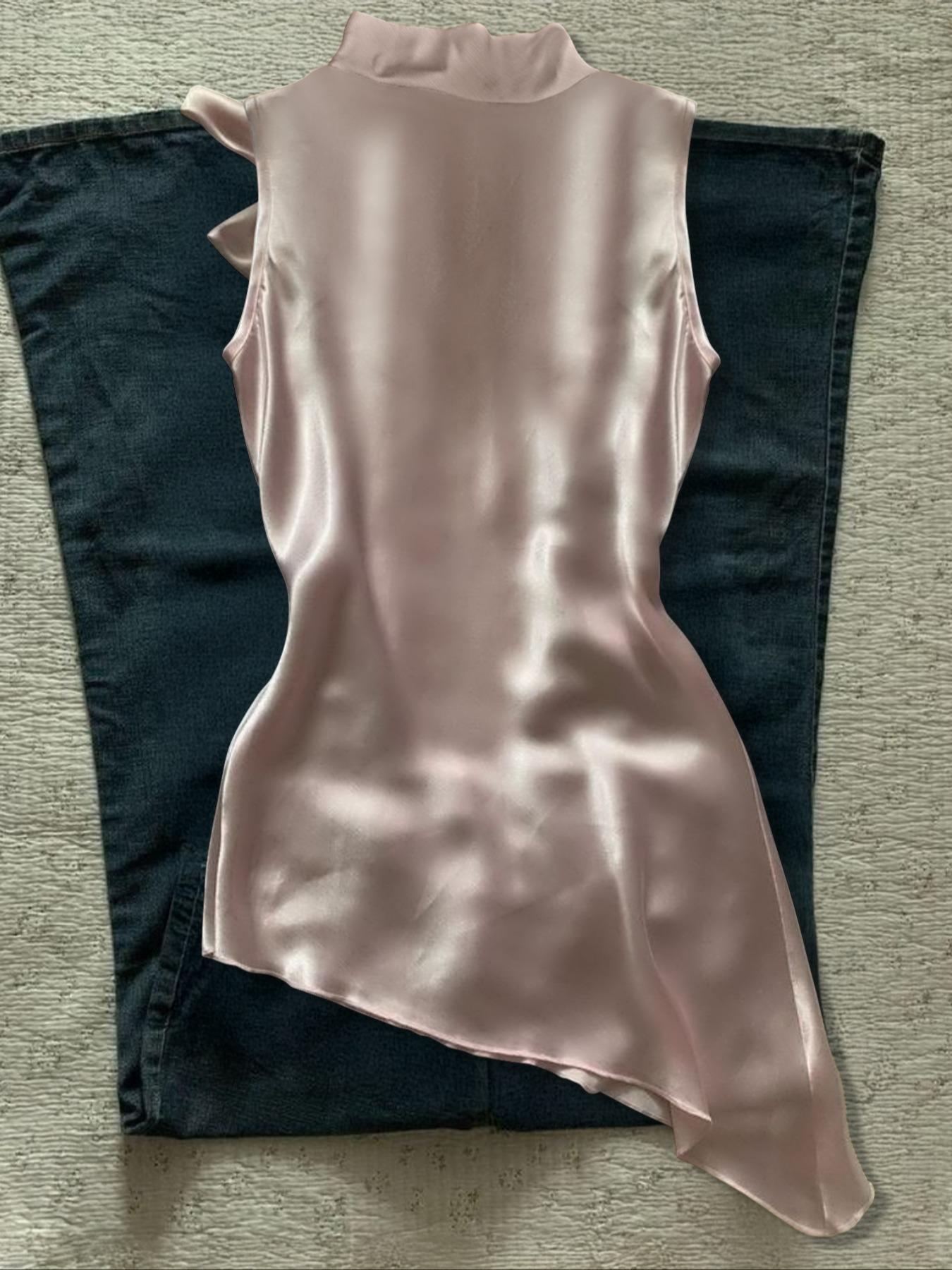 Elegant Chic Women's Sleeveless Soft Smooth Satin Woven Top with Tie Neck and Asymmetrical Design, Comfortable Fit for Parties, Vacations, Holiday