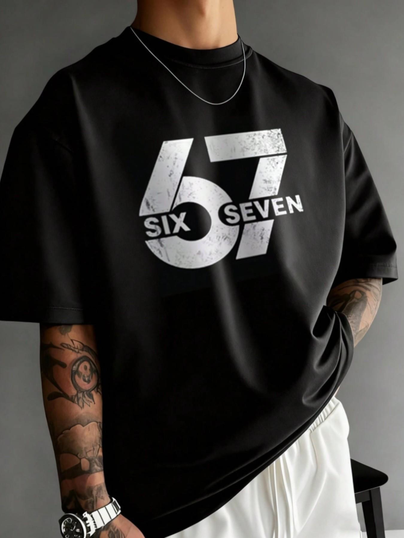 Men's Casual Street Style 67 Number Print Short Sleeve T-Shirt, Slim-Fitting, All over Print, Summer Wear, No Zipper, No Button