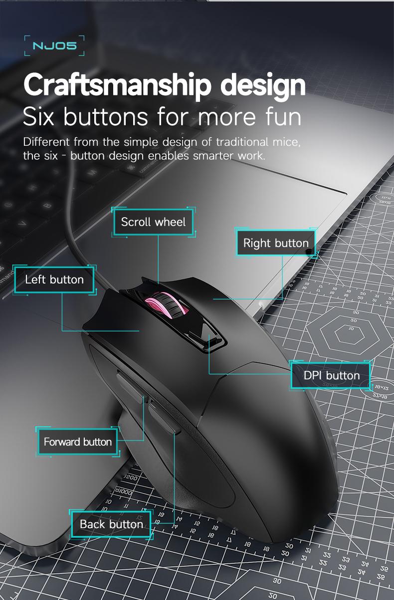 NJ05 wired office mouse with light sound buttons and finger drag design AJAZZ ergonomic office supplies mouse DPI3600 optical engine chip 125Hz 3D rubber roller lightweight 91g suitable for gaming and office use