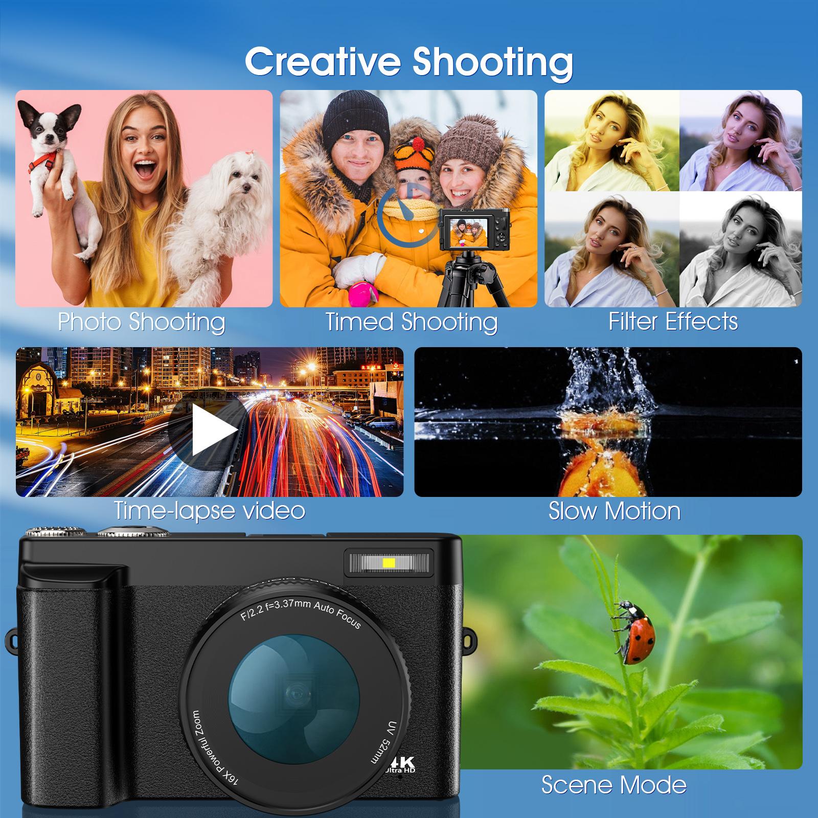 DC101 Digital Camera, 4K Video Recording & 48MP Auto Focus Camera, 180 Degree Flippable Display Camera, 16X Magnification Digital Camera with 32G Memory Card, Ideal Gift for Photography Beginners