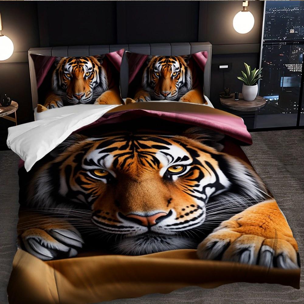 Bedding 3-piece set - 3PCS,orange and purple patterned tiger lying down comforter set (1 comforter cover + 2 pillowcases, filling not included). soft and comfortable, suitable for family bedrooms.