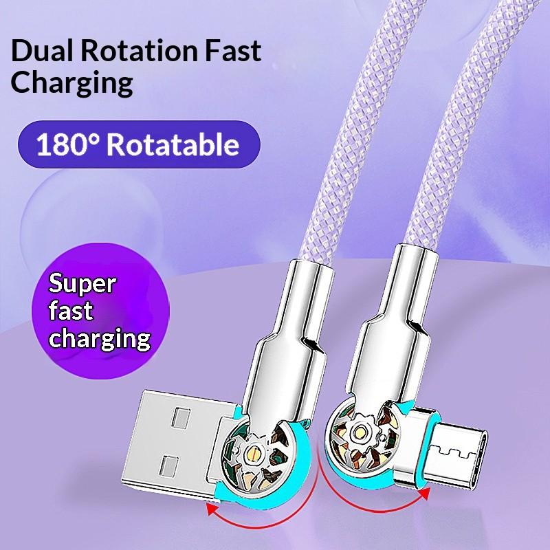 Dual Bend Head Rotating Type-C Super Fast Charging Data Cable for Apple Huawei Honor Vivo Android Phones, High-Speed USB Charger Wire