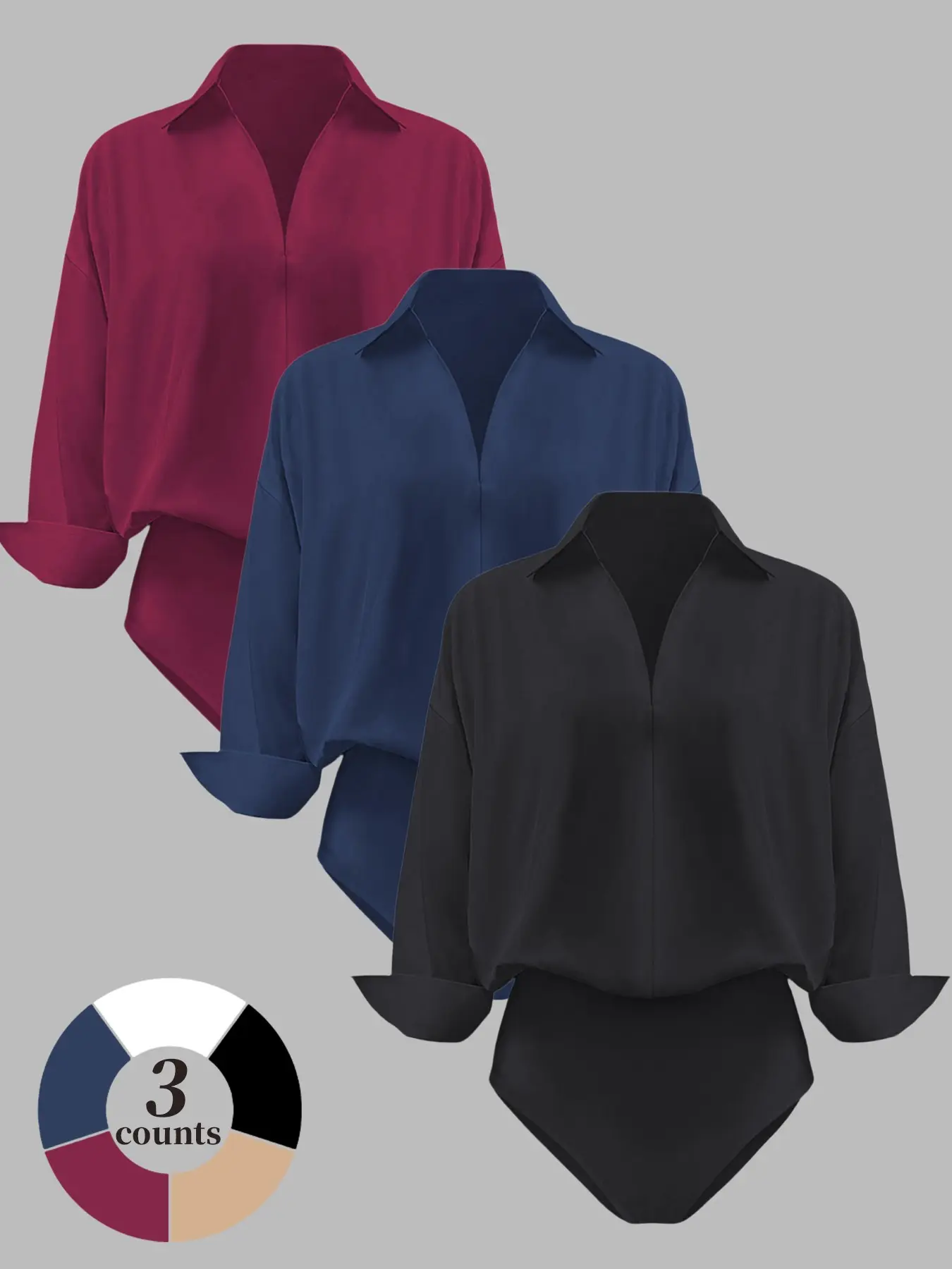 Women's Shirt Bodysuit, Long Sleeve Collared Button Front, Stretch Slim Fit, Chic Casual Top, Work Office Blouse, Daily Wear, Body Suit Tops