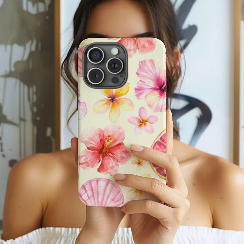 Hibiscus Seashell Pastel Floral Print Dual-Layer Dropcushioned TPU Durable Casing for iPhone 11-17, Pro Max, Air, Plus, Raised Bezels Smartphone Cellphone Accessory, Girly Summer Aesthetic Protection
