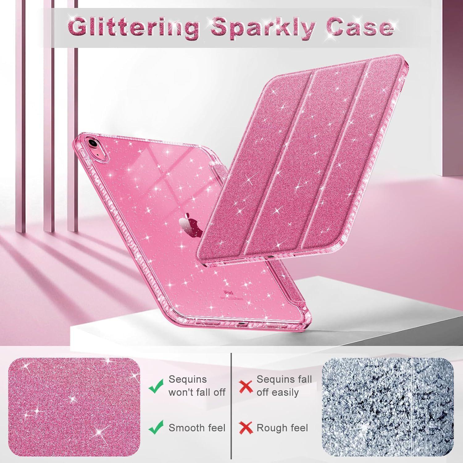 Glitter Sparkle Case for iPad Pro 11 Inch, iPad Air 6 11 Inch / Air 13 Inch 2024, iPad 10th Gen 10.9 Inch, Shockproof Clear Back Cover with Pencil Holder, Folio Stand Case Compatible with Magic Keyboard