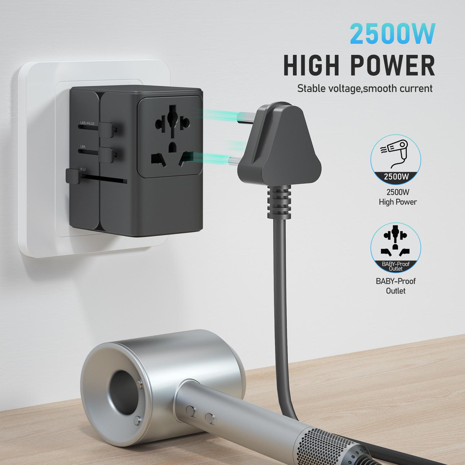 65w Universal Travel Adapter Plug, 2a2c Multi-Port Fast Charging, Compatible with Uk Us Eu Au Sockets, Ideal for Business and Leisure Travel
