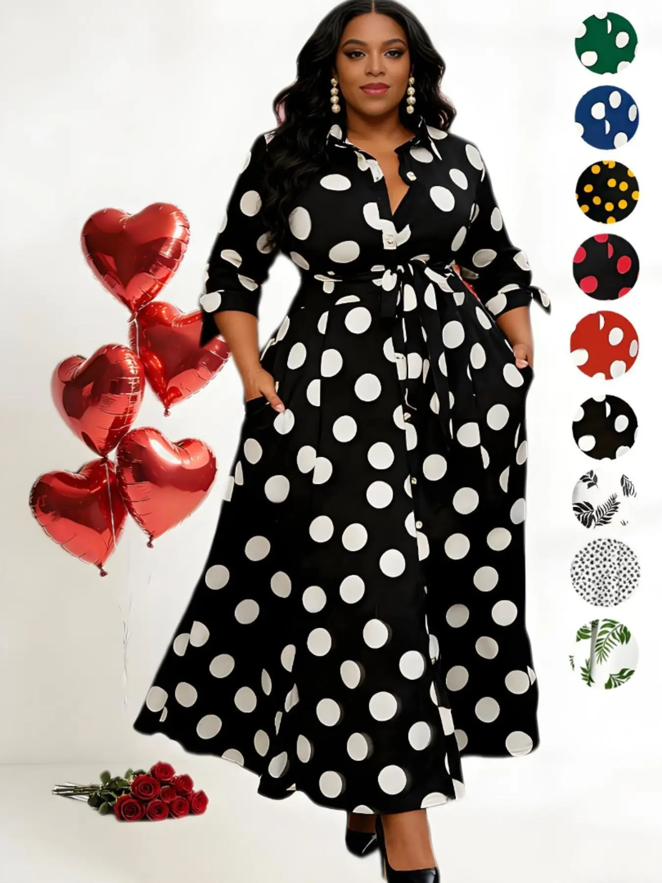 Plus Size Long High Waist A-Line Dress, Seven-Quarter Sleeve, Invisible Pocket, Body-Conforming, Versatile Fashion, Elegant Style