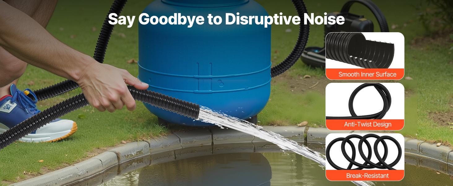 VEVOR 21 ft Corrugated Pond Tubing, 1 inch Inner Diameter, Flexible PVC Hose, Black Drain Pipe, Plastic Corrugated Water Tubing for Pond, Pump, Fountain, Garden, Swimming Pools, Filters, (1 pcs)