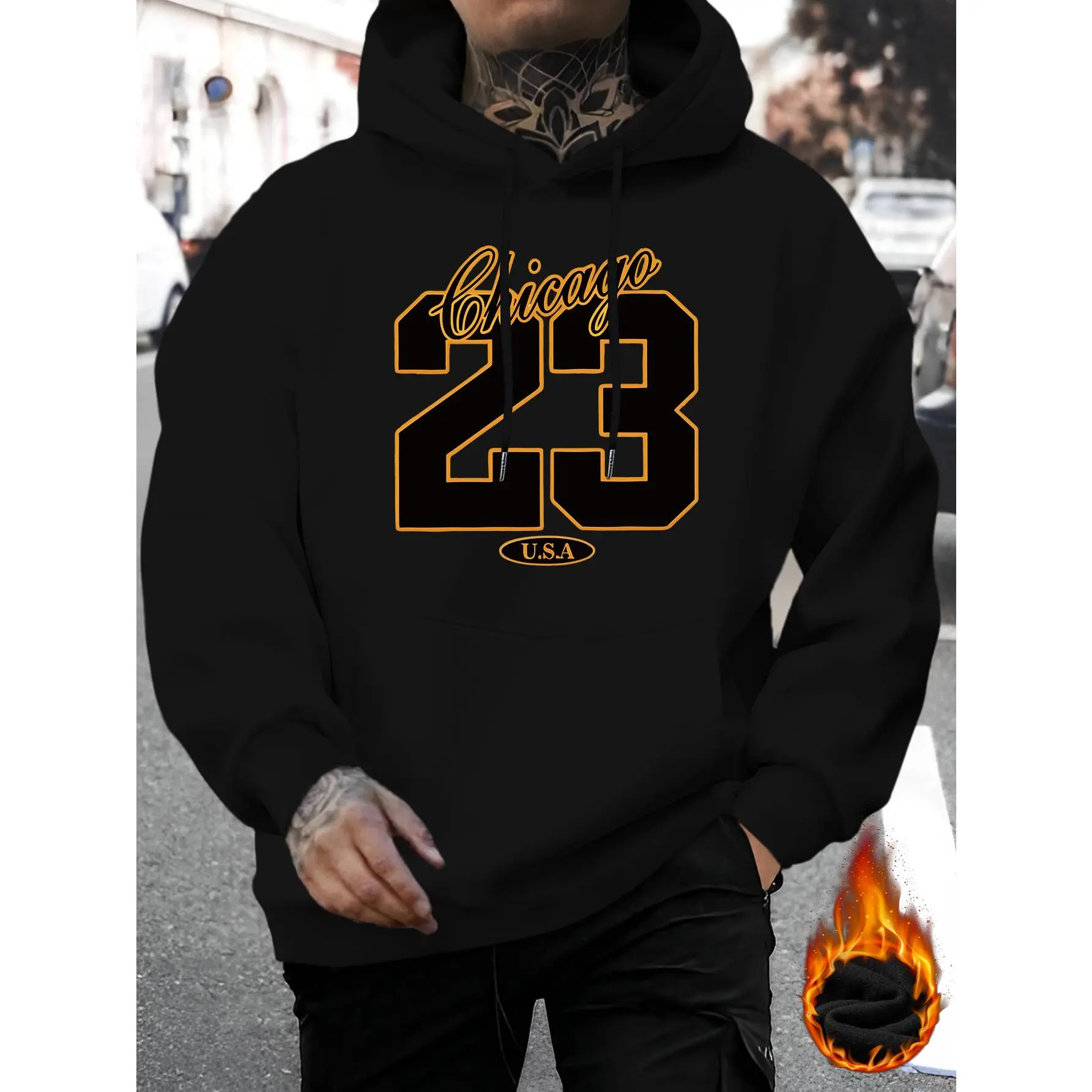 Chicago 23 USA Front‑Print Graphic Hoodie Retro Varsity Sport Style Number Letter Pullover Sweatshirt Oversized Loose‑fit Black Long‑sleeve Hooded Top American Vintage Casual Street‑wear Outerwear