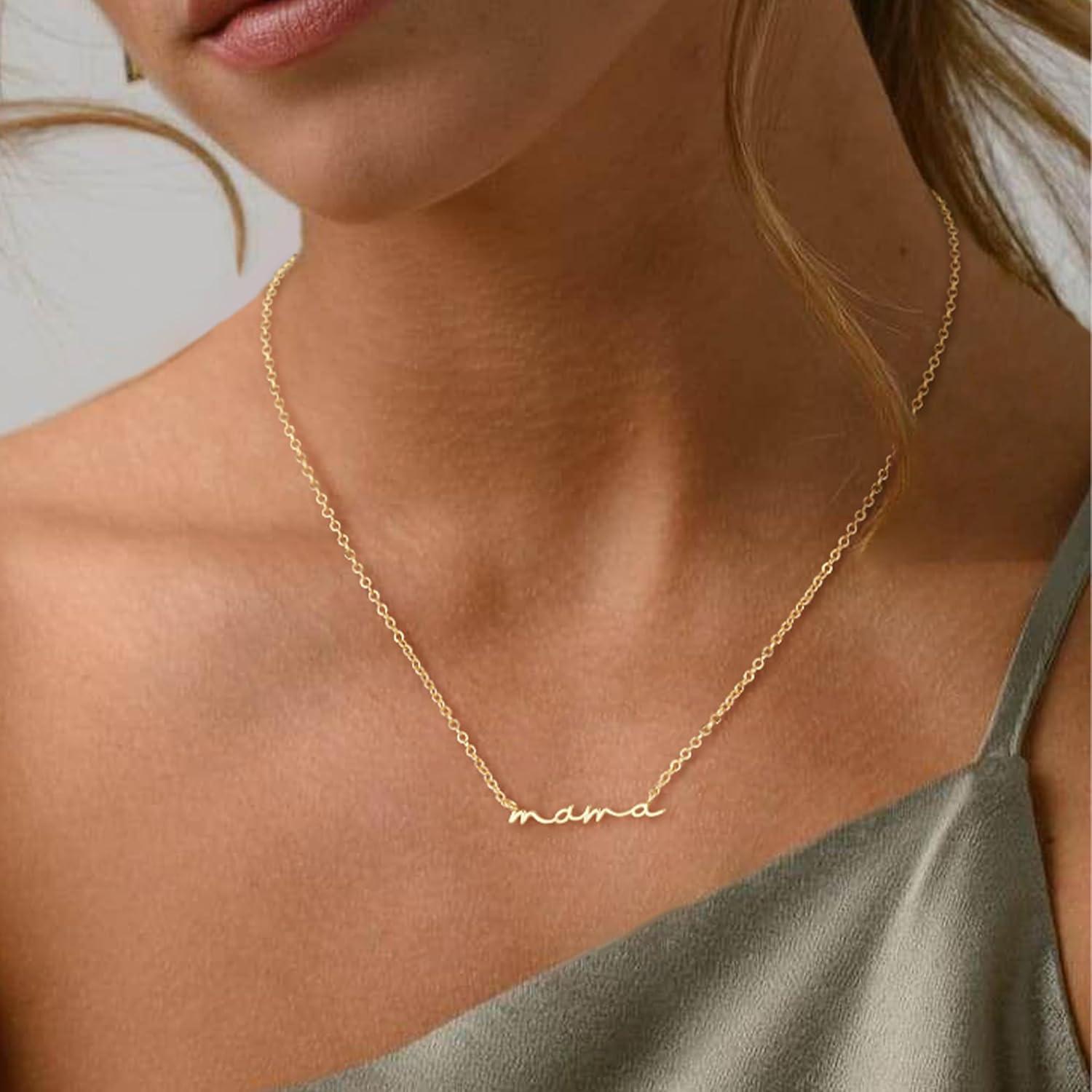 Tewiky&Dearmay Elegant Gold Mama Necklace for Women - Delicate Minimalist Jewelry Gift for Mom, Grandma, Hypoallergenic & Tarnish-Free Greenish Spring