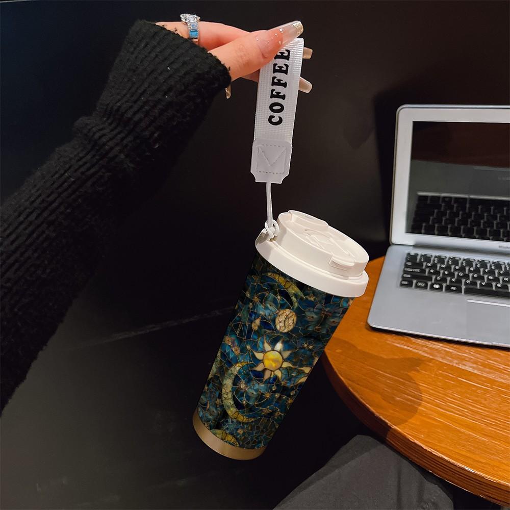 Abstract Moon Sun Coffee Cup, Portable Insulated Tumbler, Heat/cool Keeper, Boho Style, Ideal for Office, Travel, Sports, Golf