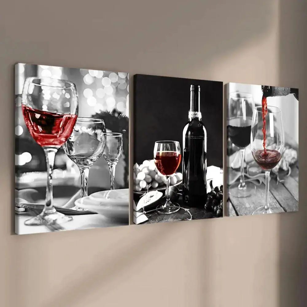 Red Wine Glass 3 Piece Canvas Wall Art Black White Background Color Splash Picture Dining Room Kitchen Bar Decor Poster Set