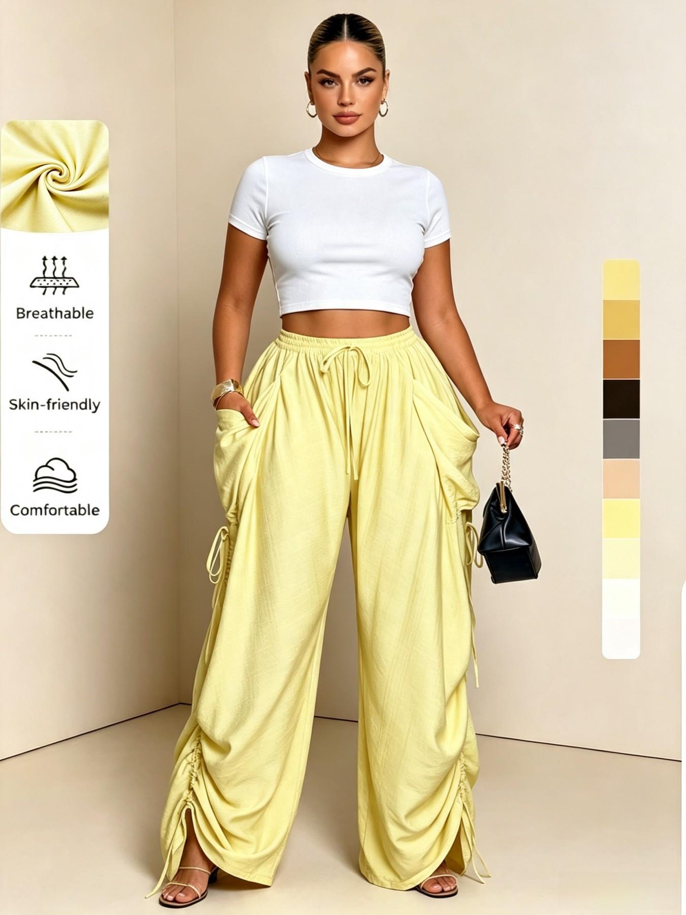 High-Waisted Drawstring Straight-Leg Pants for Women, Casual Comfortable Home Wear, Spring & Fall Fashion, Plain Pattern, Multiple Colors Available