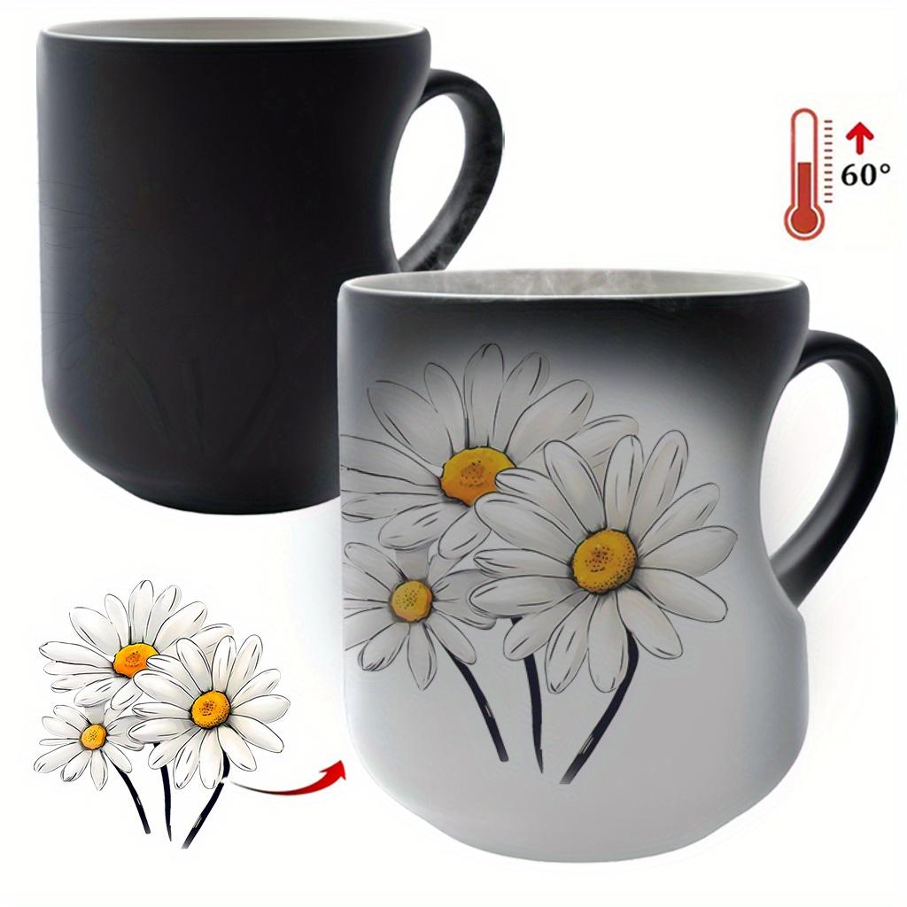 White Daisies Floral Pattern Ceramic Color Changing Mug, Heart Handle, 11 oz/330 ml - Great for Halloween, Christmas, Valentine's Day, Mother's Day and Father's Day Gifts