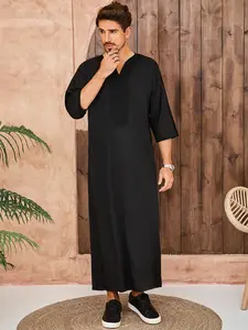 Islamic Moroccan Men's Long Robe Thobe, Traditional Arabic Robe, Traditional Ramadan Eid Clothing, Embroidered V Neck Loose Fit Woven Fabric, Perfect Gift