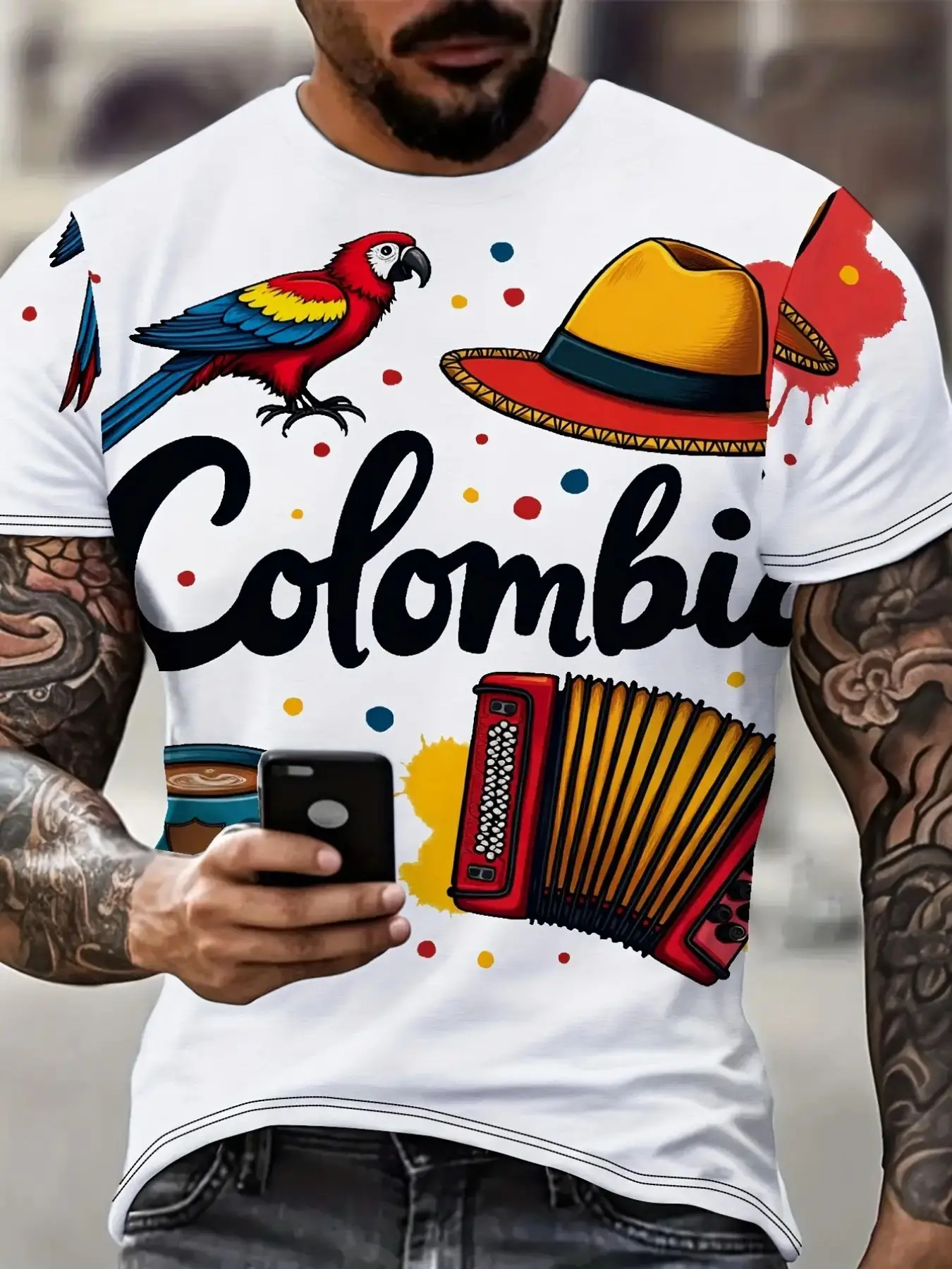 Men's Columbia Culture Style T-Shirt, Parrot/hat/accordion + Colombia Letter Print, Casual Long Sleeve, Loose-Fit, All Seasons