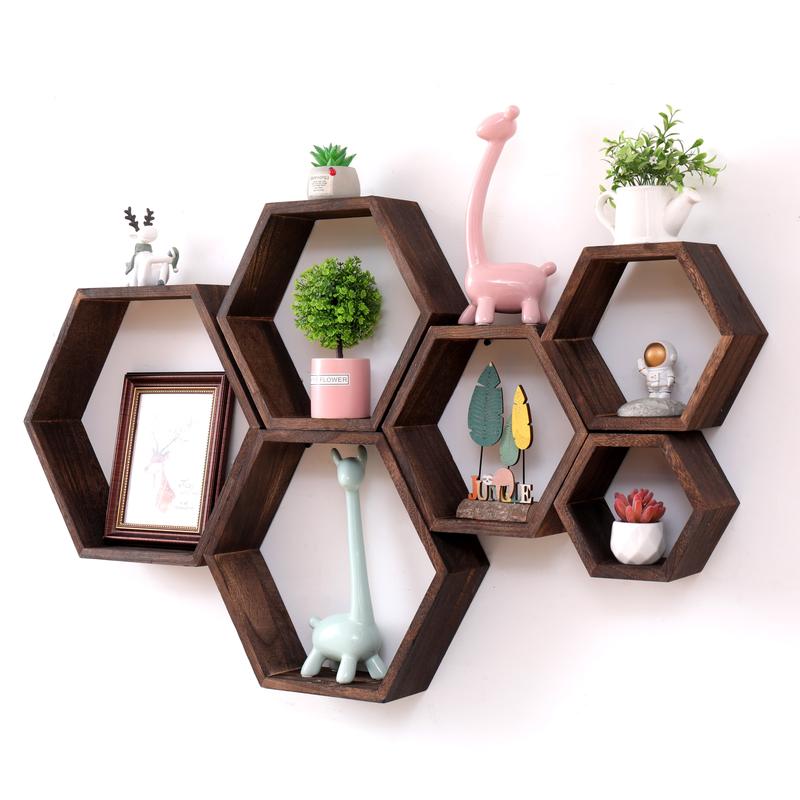 3pcs Hexagonal Floating Wall Shelf, Wall Mount Design, Available in Large, Medium, and Small Sizes - Wooden Hexagon Storage Rack Suitable for Home - Driftwood Decorative Wall Art - Gift for Home Decor Enthusiasts