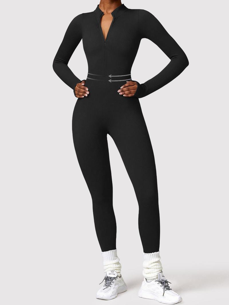 Women's Solid Color Zipper Long Sleeve Jumpsuit, Casual Sporty Comfortable One-Piece, Perfect for Yoga Gym Exercise, All Seasons Women's Sports Wear, Workout Jumpsuit
