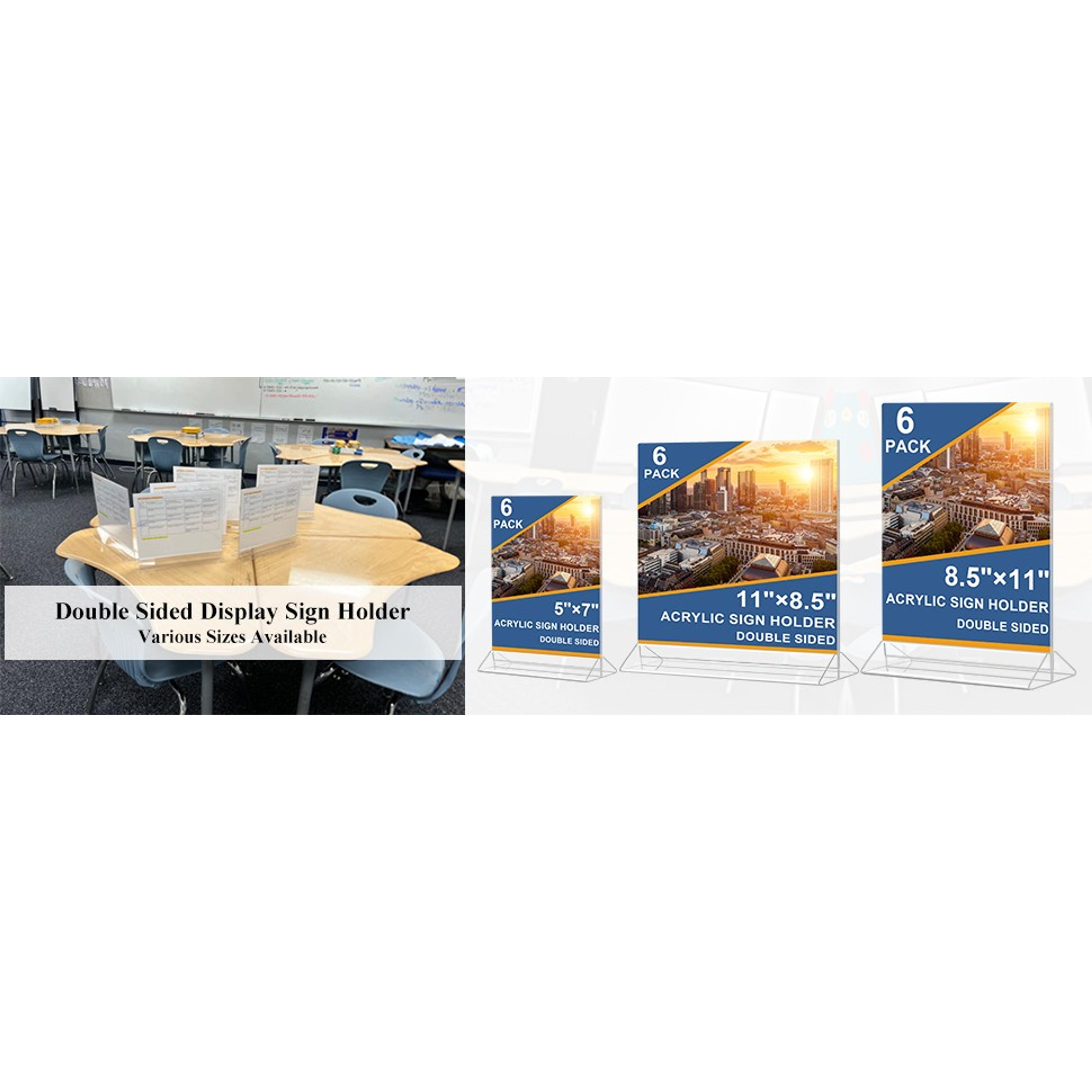 Horizontal Acrylic Sign Holder 8.5 x 11 - Double Sided T Shape Menu Table Stands, Plastic Paper Flyer Display Stand, Clear Picture Photo Frames for Wedding, Office, Store, Restaurant (6 Pack)