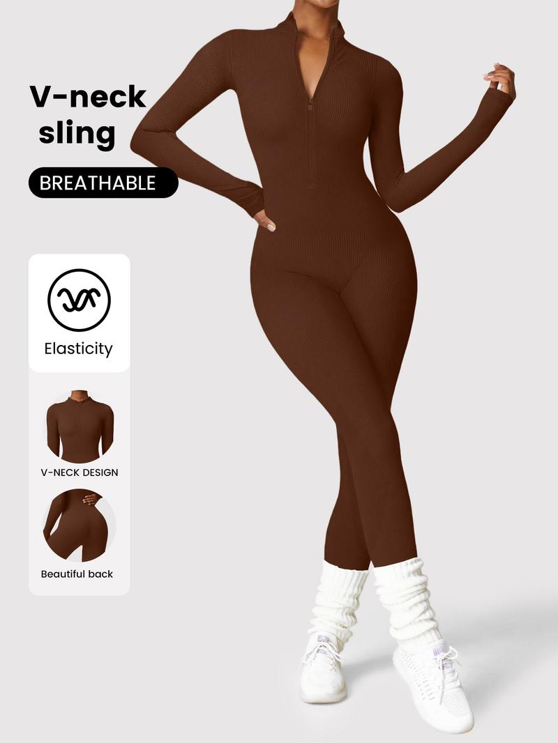 Women's Solid Color Zipper Long Sleeve Jumpsuit, Casual Sporty Comfortable One-Piece, Perfect for Yoga Gym Exercise, All Seasons Women's Sports Wear, Workout Jumpsuit