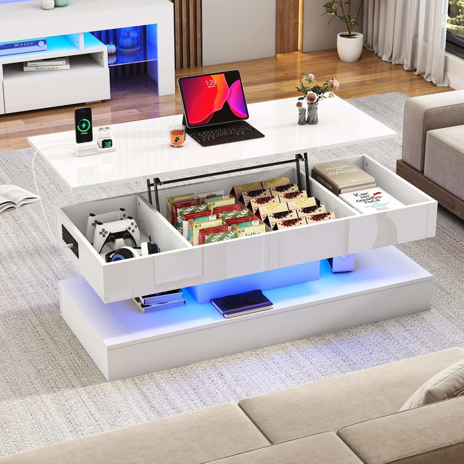 47.2"/39.4" Large Lift Top Coffee Table,Modern High Glossy LED Coffee Tables for Living Room with Storage Drawer,White Living Room Tables for Livingroom,Dining Room,Bedroom Home Office(White/Marbling White)