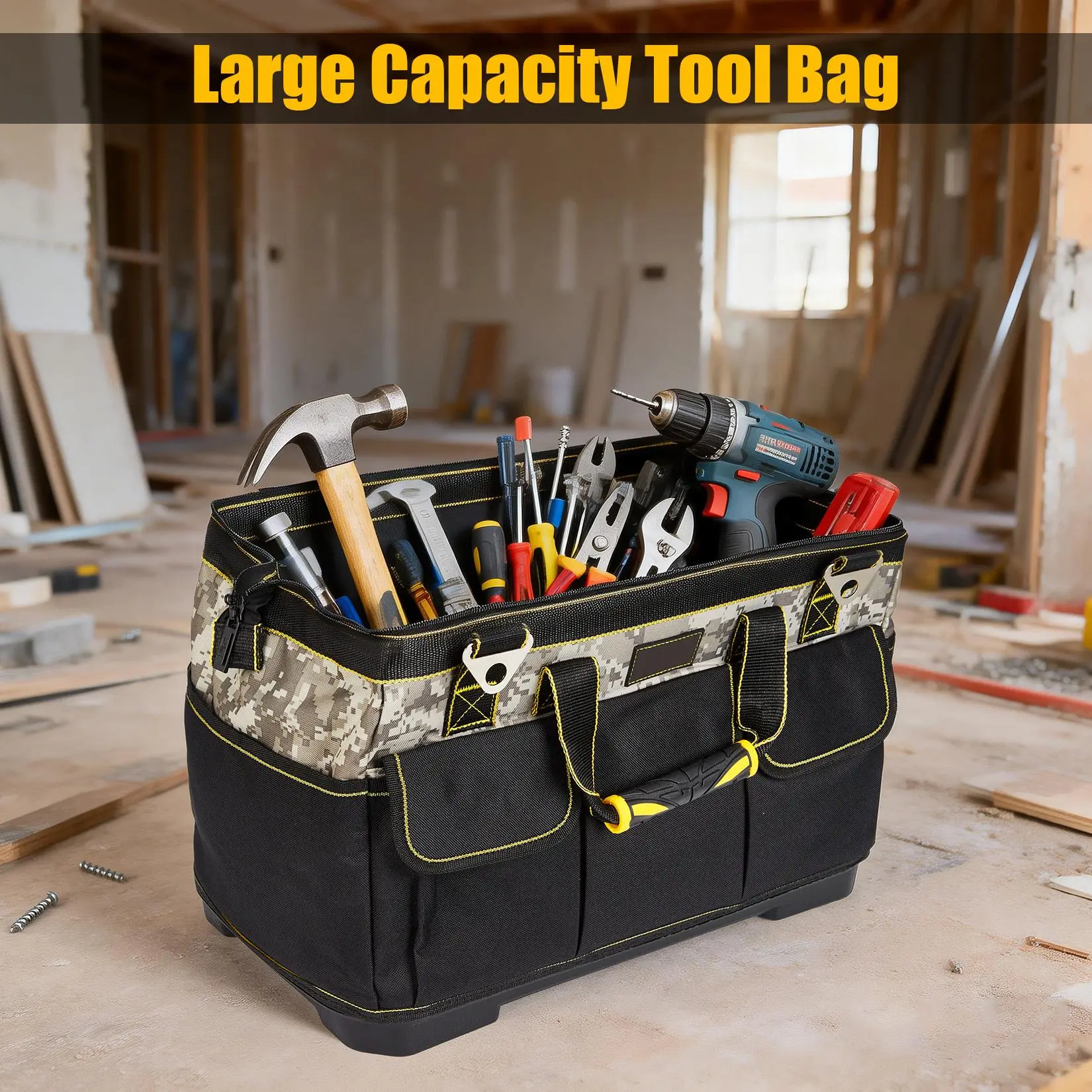 20-Inch Waterproof Tool Bag - Wide Mouth, Molded Base, Adjustable Strap, Multiple Pockets, Portable Soft Tool Tote Organizer for Men's Work & Construction Accessories, Work Accessories