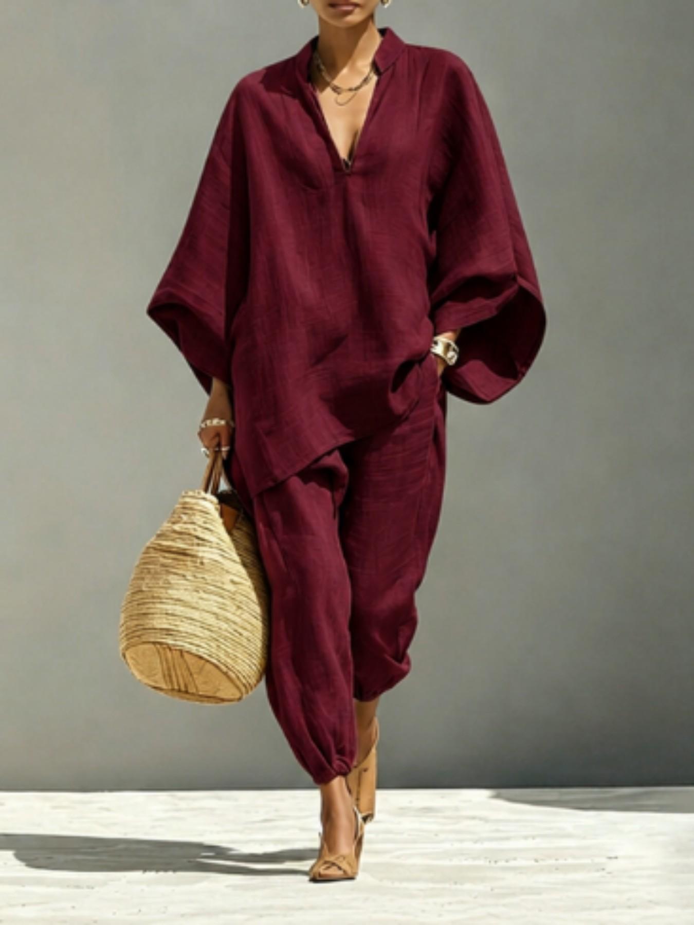Women's Summer Loose Fit Solid Linen Deep V Neck Batwing Sleeve Pants Set, Casual Long Length, Comfortable Daily Wear, Multiple Colors Available Women's Summer Loose Fit Solid Linen Deep V Neck Batwing Sleeve Pants Set, Casual Long Length, Comfortable Daily Wear, Multiple Colors Available
