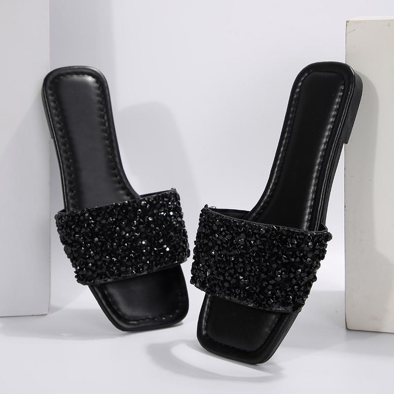 Women's Stylish Rhinestone Slippers for Casual Square Open Toe Flats for Summer Beach Indoor Outdoor