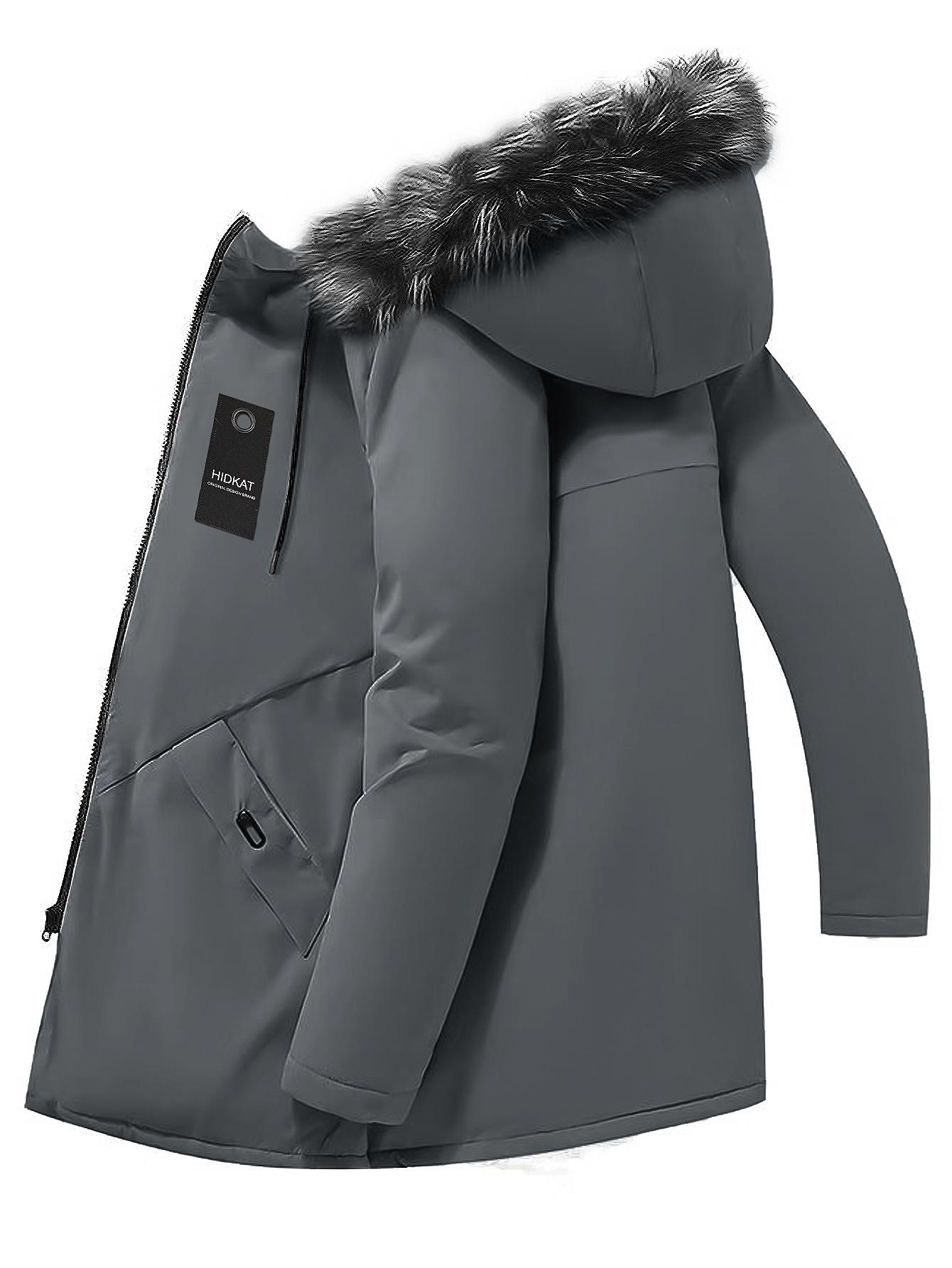 Men's Winter Parka Jacket With Faux Fur Hood, Warm Mid Length Hooded Outerwear