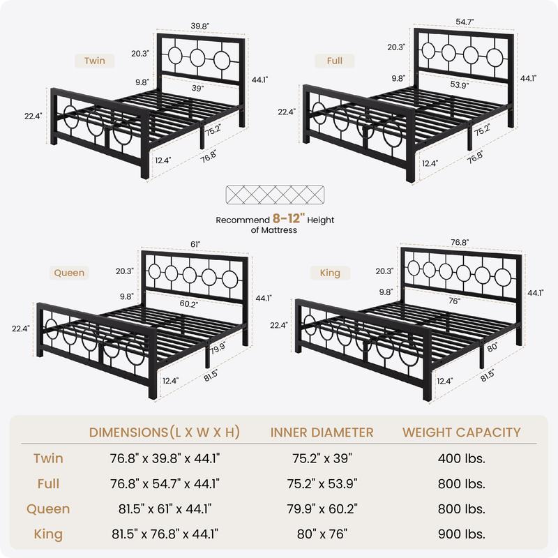 SHA CERLIN Twin/Full/Queen/King Size Metal Bed Frame with Vintage Circular Design Headboard and Footboard【Frame Only No Mattress】No Box Spring Required,Noise-Free,Black/Brown#ChristmasGifts#TikTokShopBlackFriday