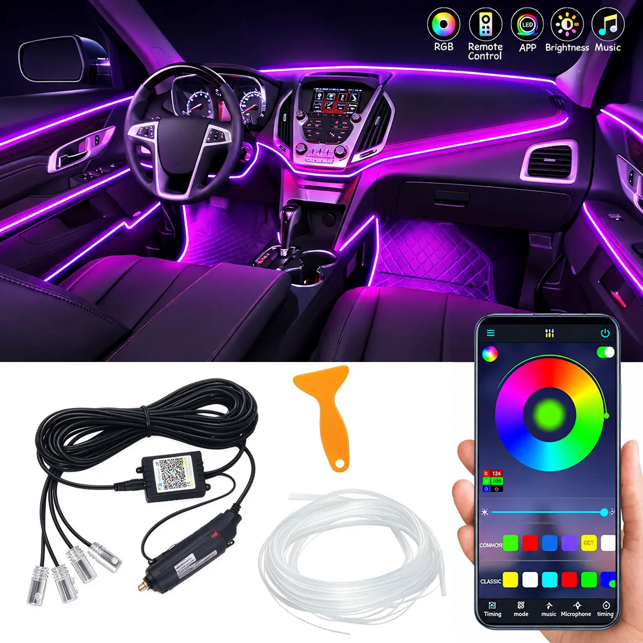 4-In-1 RGB LED Car Interior Strip Lights, 6M Extra Long Ambient Lighting, APP Control, Music Sync, 16M Colors, DIY Design, Automotive Truck Decorative Accessory Gift