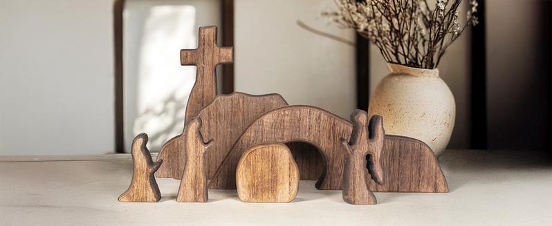 Wooden Easter Resurrection Scene Cross, Empty Tomb Easter Scene & Cross Decoration, Jesus Tomb Tray Set for Religious Home Office