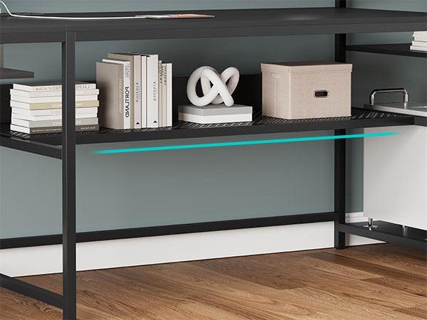 Sikaic L Shaped Reversible LED Gaming Desk With Power Outlets Strip Monitor Shelf Keyboard Tray Pegboard And Storage Shelves Furniture Modern Organization