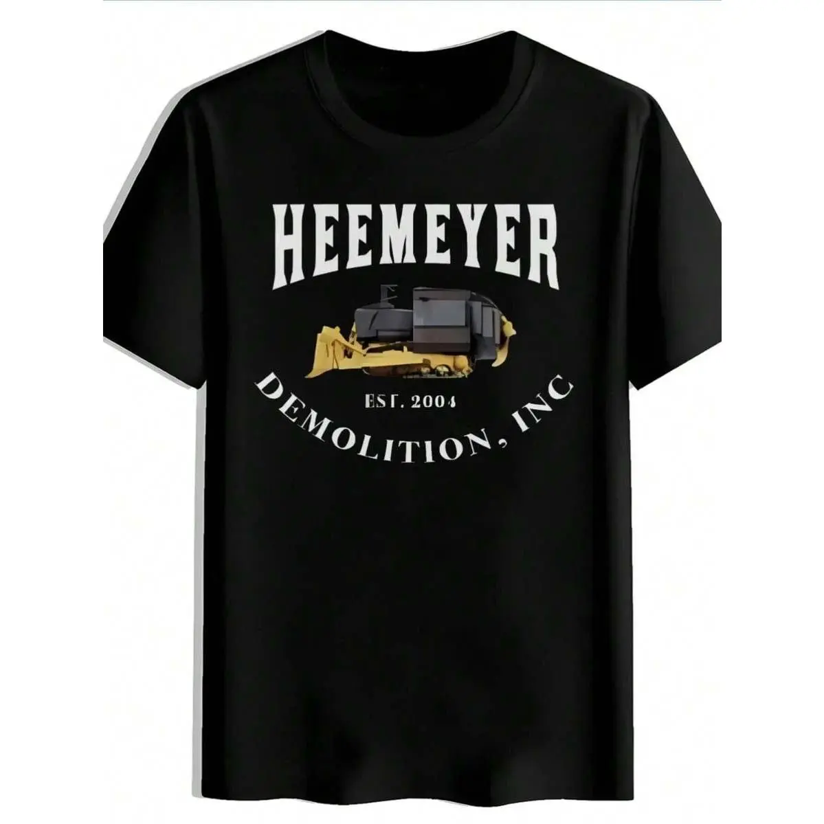 HEEMEYER Bold White Graphic Design T-Shirt - Black Tee Featuring Yellow And Black Bulldozer Illustration With 'EST  2004' And 'DEMOLITION, INC' Arc D