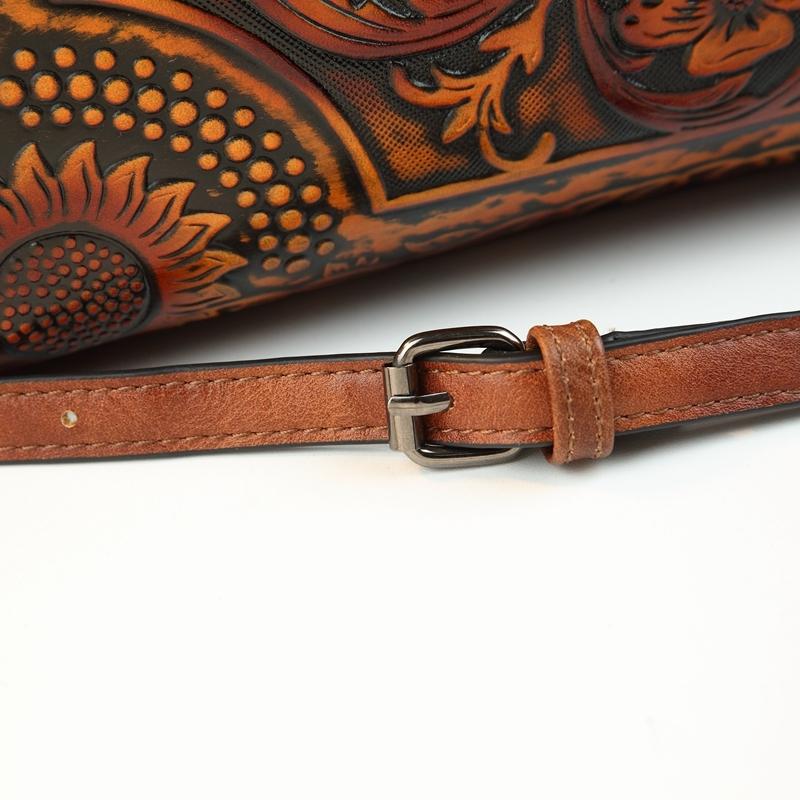 Vintage Tannery Craft Embossed Handbag, Traditional Floral Pressed Large Capacity Commuter Bag, Mom Style Shoulder Crossbody Bag